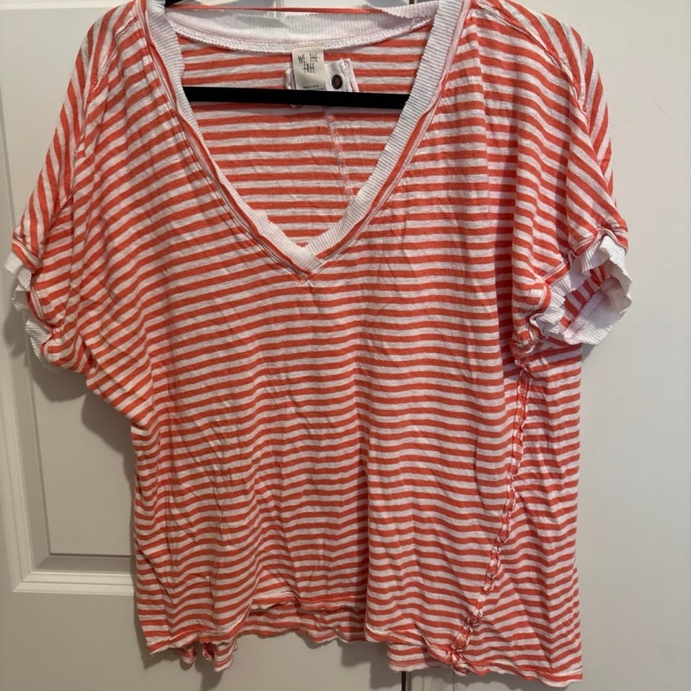 We The Free Orange and White Striped V-Neck Top